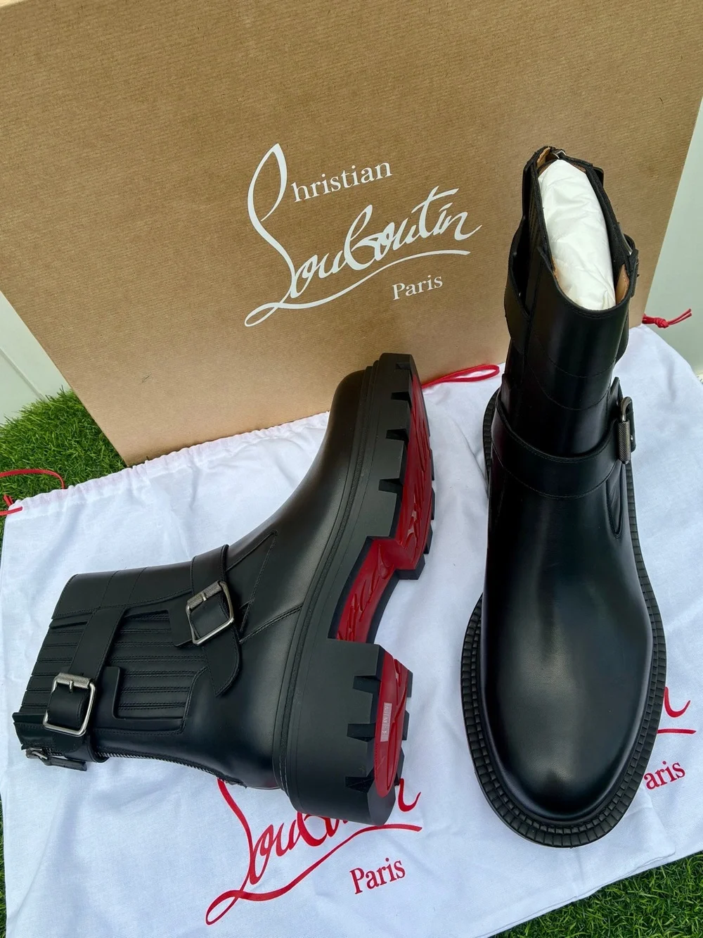CHRISTIAN LOUBOUTIN OXYBOOTIE COLLEGE FLAT BLACK LEATHER ANKLE BOOTS SZ 44 NEW